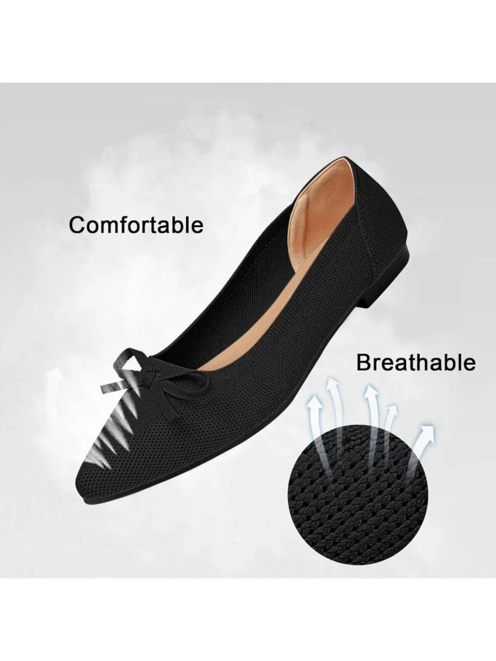 Women's Black Flats Pointed Toe Bow Knit Ballet Shoes Comfortable Dressy Mesh